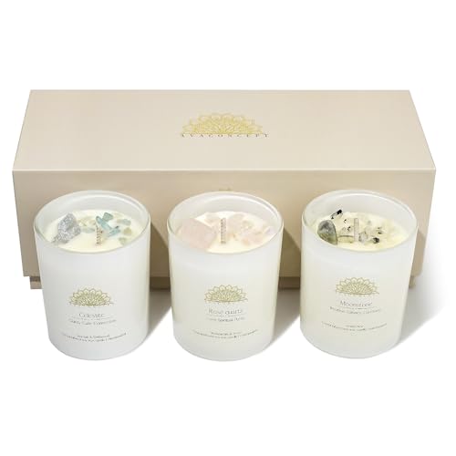 AvaConcept Healing Crystal Candle Gift Set – Set of 3 Celestite, Rose Quartz & Moonstone Hand-Poured Soy Wax Sea Salt Driftwood, Blackcurrant Rose & Amber Noir Aromatherapy Scents Premium Gift Box - size: 3.5oz, style: Sea Salt Driftwood, Blackcurrant Ros