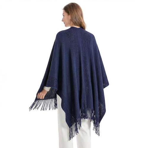 ZLYC Women's Shawl Golden Trim Knit Blanket Wrap Fringe Poncho Coat Cardigan - color: Navy