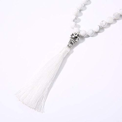 108 Mala Beads Necklace Semi-Precious Gem Stones Meditation Necklace 108 Hand Knotted Japa Mala Beaded Tassel Necklace with Tree of Life Pendant - color: Natural White Howlite