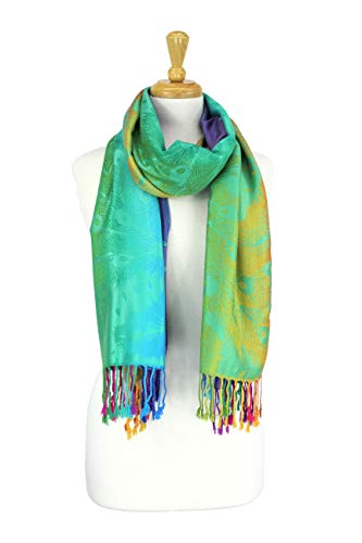 PASKMLNA Double Side Multi Colors Silky Tropical Colorful Exotic Pashmina Wrap Shawl Scarf Rave - color: 050-green Multi Feathers