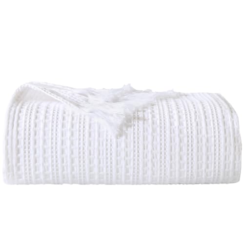100% Cotton Waffle Blanket with Fringe, Pre-Washed Waffle Weave Blanket for All Season, Lightweight Breathable Soft Cozy Throw Blanket for Couch, Bed, Travel (White - 50x60 Inches) - color: White, size: Throw-50'' x 60''
