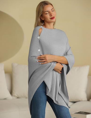 PULI Women's Versatile Knitted Shawls Scarf Poncho Sweater with Buttons Lightweight Spring Summer Fall Wraps - color: Round Neck-grey