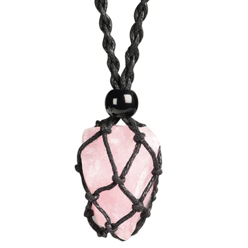 Natural unprocessed crystal raw stone hand woven rope adjustable necklace pendant for both men and women - color: A-Rose Quartz 1