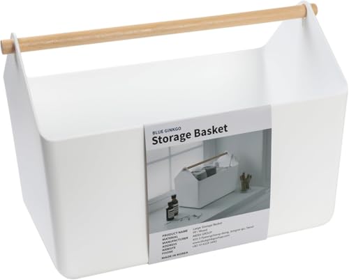 BLUE GINKGO Multipurpose Storage Baskets - Large Plastic Storage Bins with Wooden Handles | Home, Kitchen, Bathroom, Nursery, Toy Storage Organizer (10.5L, Made in Korea) - White - color: IVORY, size: Large
