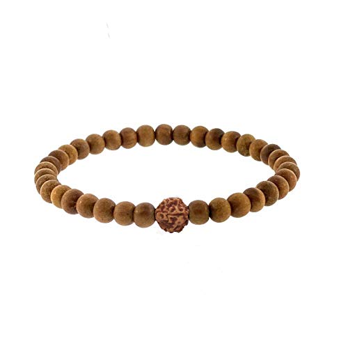 Sandalwood Bracelet for Women Men Buddhist Prayer Strand Chandan Bracelet Handmade Stretchable Elastic Sandalwood Beaded Wristbands for Yoga Meditation - style: 6mm Beads + Rudraksha
