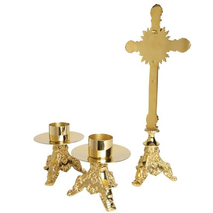 Needzo Elegant Brass Cross with Candle Holders Altar Set, Catholic Church Supplies, 16.75 Inches