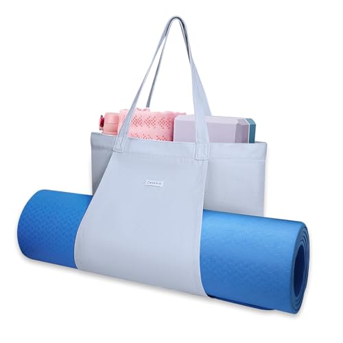 Yoga Mat Bag for Women, 100% Cotton Canvas Tote with Wet/Dry Pocket, Bottle Holder and Inner Zipper Pocket, 25L Carrier for Pilates and Travel - color: Light blue