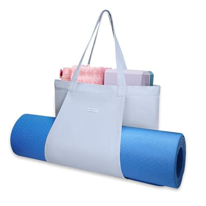 Yoga Mat Bag for Women, 100% Cotton Canvas Tote with Wet/Dry Pocket, Bottle Holder and Inner Zipper Pocket, 25L Carrier for Pilates and Travel - color: Light blue