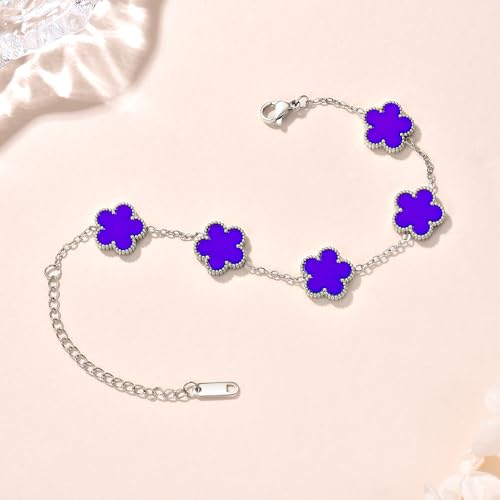 FLY FEI 18K Gold-Plated Four Leaf Clover Bracelet for Women,Adjustable lucky Bracelet Set Jewelry Gift-Hypoallergenic Charm for Birthdays, Wellness & Daily Wear - color: style02-Jewelry blue(silvery)