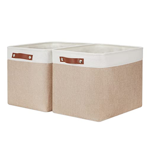 HNZIGE Fabric Storage Baskets for Organizing [2 Pack] Large Canvas Rectangular Storage Bins for shelves 16" X 11.8" X 11.8" Clothes Baskets Collapsible Bins for Closet Linen Organizers (Beige&White) - color: white&khaki, size: 16*11.8*11.8 in-2 Pack