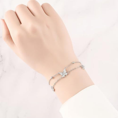 925 Sterling Silver Bracelet for Women,Silver Bracelet Chain Presents for Sister Daughter and Friend, Women's Jewelry for the Daily Occasion - color: Silvery | Butterfly Double Layer Chain