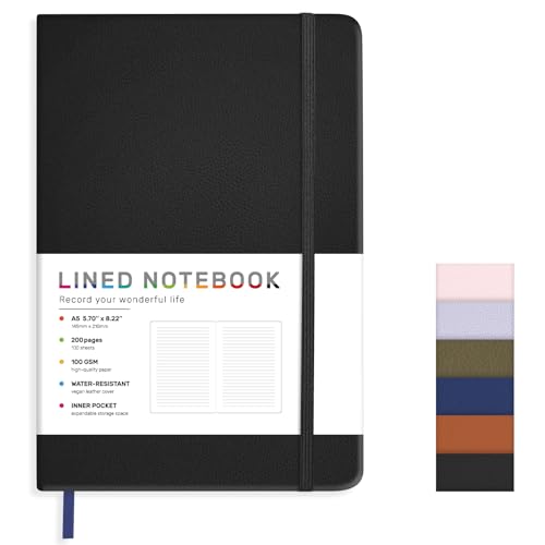 Lined Journal Notebook for Women Men, 200 Pages A5 Hardcover Leather Journals 5.7” x 8.3”, A5 College Ruled Notebooks with 100 GSM Thick Paper for Writing,Travel,School,Office,Work,Business(Black)