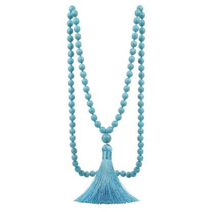 JAYUMO 8mm Mala Beads Necklace Natural Stone Meditation Statement Necklace Hand Knotted Japa Yoga Rosary Prayer Beaded Tassel Necklace - color: turquoise