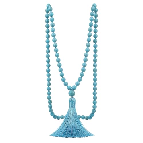 JAYUMO 8mm Mala Beads Necklace Natural Stone Meditation Statement Necklace Hand Knotted Japa Yoga Rosary Prayer Beaded Tassel Necklace - color: turquoise