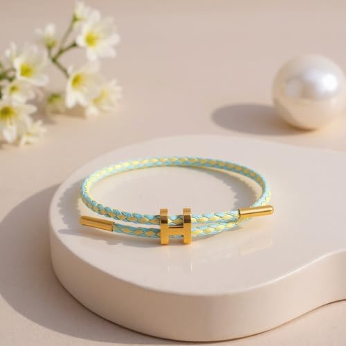 OSIRIDEH2 Bracelet with Adjustable Design Polished H Shape Buckle, Bracelets for Women, 18k Gold-plated Buckle Design Titanium Steel Wire Rope Women's Gift Jewelry - color: Yellow+light blue