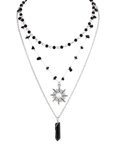 Sacina Layered Crystal Sun Necklace, Gothic Boho Hippie Summer Beach Necklace, Boho Hippie Jewelry, Christmas Jewelry Gift for Women - color: Black