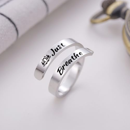Kvekstio Just Breathe Open Ring for Women, Mindful Breathing Ring, Adjustable Stainless Steel Stress Relief Yoga Ring Jewelry