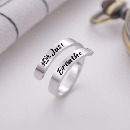 Kvekstio Just Breathe Open Ring for Women, Mindful Breathing Ring, Adjustable Stainless Steel Stress Relief Yoga Ring Jewelry