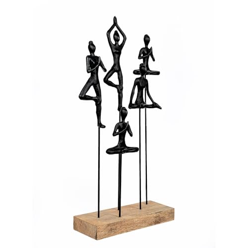 Decorative Yoga Figurines Sculpture, 20-Inch Height, Black Metal on Mango Wood Base, Tabletop Zen Art Decor, Meditation Room Accent