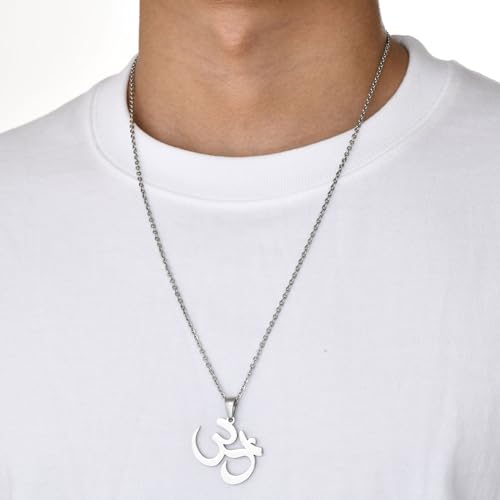 Stainless Steel Om Necklace for Men Women, gold plated/Silver/Black Yoga Charm Pendant Necklaces Aum Om Ohm Sanskrit Symbol Hindu Meditation Chain Necklace,Mens Womens Jewelry Gifts - color: Polished Silver