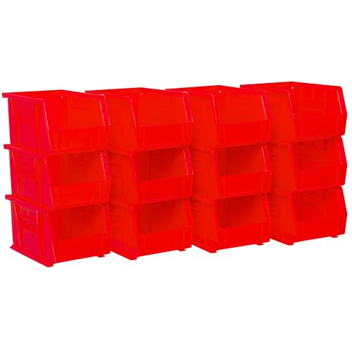Akro-Mils 30237 AkroBins Plastic Storage Bins, Space-Saving Stackable Bins for Garage, Pantry, Craft Organization, 9" x 6" x 5", Red, 12-Pack - color: Red