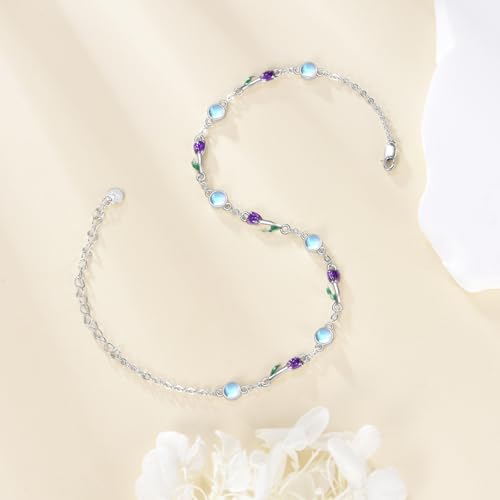 CRMAD 925 Sterling Silver Daisy/Sunflower Moonstone Anklet Daisy Flower Ankle Bracelet for Women Beach Dainty Jewelry - size: 9+2 inch, style: tulip