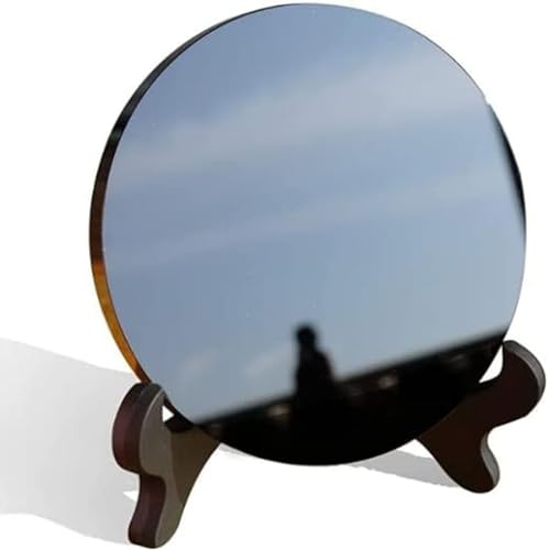 Black Obsidian Scrying Mirror 3.94 in with Wooden Stand, Premium Quality Obsidian Mirror for Meditation, Witchcraft, Divination and Spiritual Practices (100 mm) - size: 3.9"L x 3.9"W