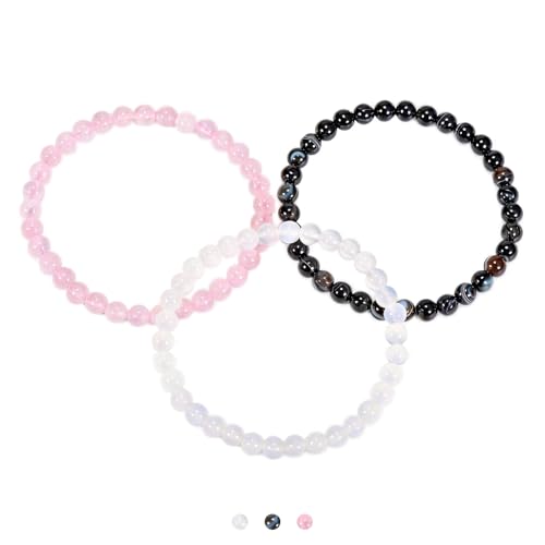 3PCS Agate Bracelet for Women Men Natural Round Beaded Agates Stone Healing Stretch Bracelets Elastic Handmade Polished Gemstone Beads Bracelet - color: White+Pink+Black White