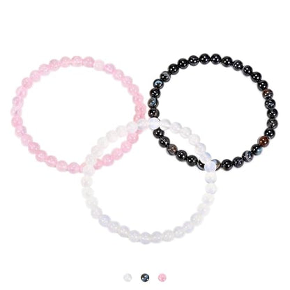 3PCS Agate Bracelet for Women Men Natural Round Beaded Agates Stone Healing Stretch Bracelets Elastic Handmade Polished Gemstone Beads Bracelet - color: White+Pink+Black White