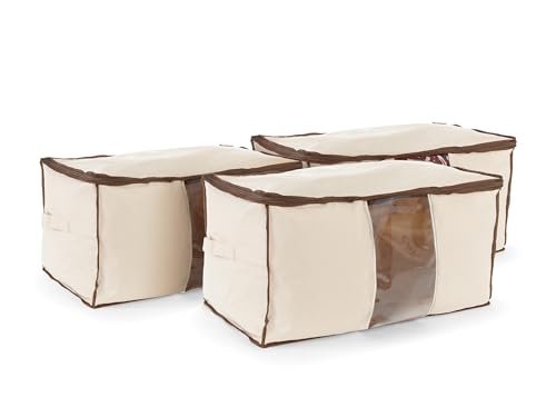 Covermates Canvas Storage Bag for Blankets, Clothes & Décor, 100% Cotton Breathable Fabric, Clear ID Window, Dual Zipper Closure, Carry Handles, Closet Organization, Natural - size: 29W x 17D x 16H - 3 PIECE SET