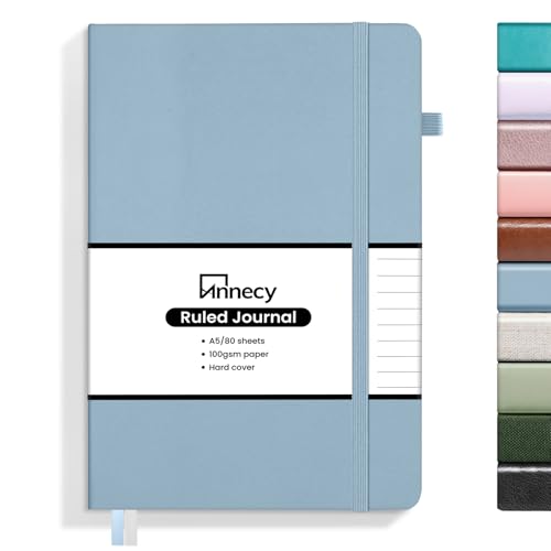 Annecy Lined Journal Notebook, Hardcover Leather Journal for Women & Men, 160 Numbered Pages, Medium 5.5" x 8.25", 100 GSM Thick Paper, Haze Blue - color: Haze Blue, style: Lined