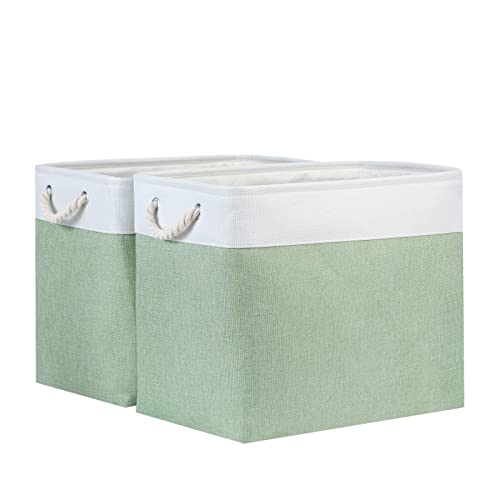 Bidtakay Large Storage Baskets for Nursery Toy Organizer Collapsible Organizing Baskets 17x12x15 In Green Canvas Bins for Organizing Set of 2 Clothes Decorative Baskets for Home Office Room Decor - color: White&Green, size: 2 Pack-XL-17x12x15 In