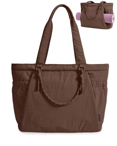 BAGSMART Yoga Tote Bag for Women with Knotted Handle, Lightweight Pilates Bag with Yoga Mat Holder, Gym Bag for Work Travel - color: Coffee Brown