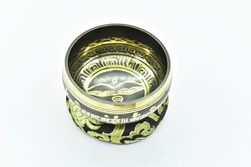 3.75" Tibetan Meditation Yoga Singing Bowl Green Set with free Wooden Mallet and Silk Cushion from Nepal, Singing bowls. (Black) - color: Black