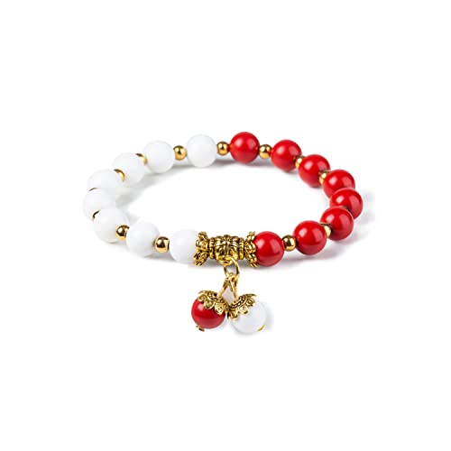 Natural Stretch Gemstone Bracelet Healing Stone Beaded Bracelets for Women Men Gifts (Unisex) - color: red white stone