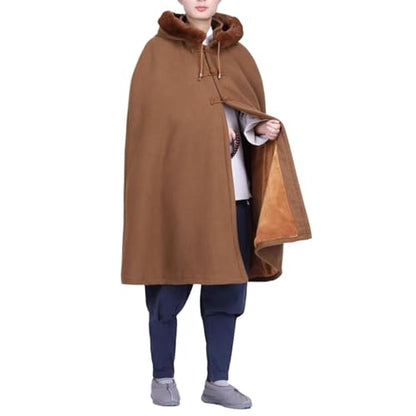 Unisex Meditation Hooded Cloak Winter Oversized Coat Double Layer Plush Poncho Cape One Size Length 100cm - color: Brown
