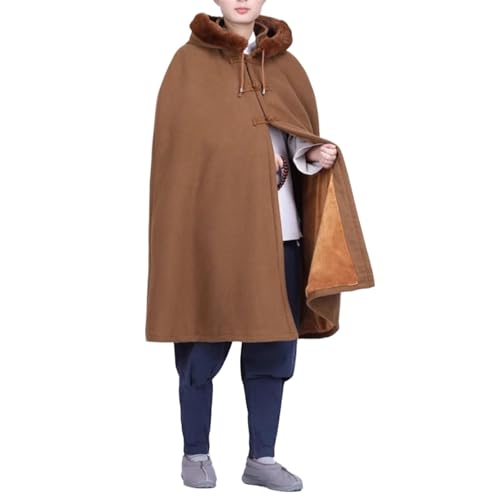 Unisex Meditation Hooded Cloak Winter Oversized Coat Double Layer Plush Poncho Cape One Size Length 100cm - color: Brown
