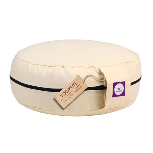 Yogikuti 100% Cotton Meditation Cushion (Round) with Handle | Firm & Comfortable Yoga Cushion | Removable Washable Cover | Floor Seating Support for Meditation, Yoga & Pranayama - color: Beige