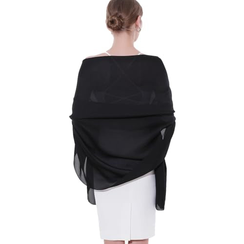 Womens Scarf Pashmina Shawls and Wraps for Evening Dresses Like Chiffon Silk Scarf for Bridal Weddings - color: Black