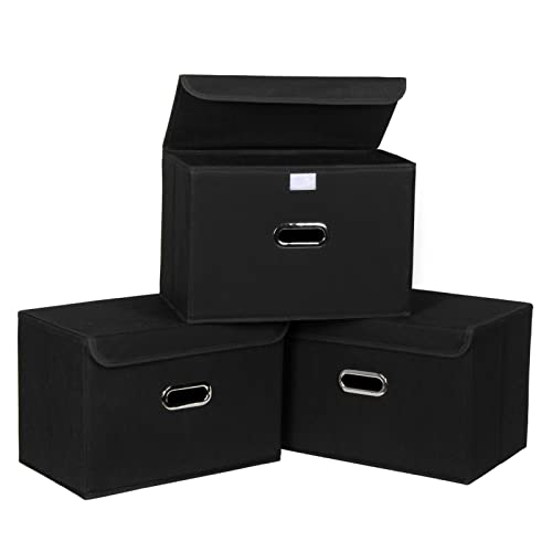 Fabric Foldable Collapsible Storage Cube Bin Organizer Basket with Lid, Handles, Removable Divider for Home, Closet (Black, 3Pcs) - color: Black, size: 3Pcs
