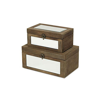 Set of 2 Brown Mirrored Wood Storage Box, 11.75" L x 7" W x 5.5" H