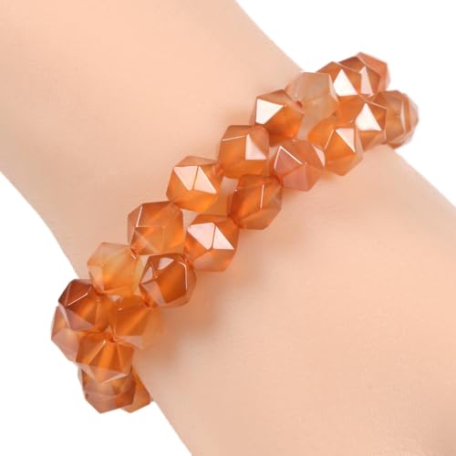 Justinstones 8mm Natural Gemstone Round Beads Triangle Faceted Charm Stretch Bracelet 6.5" - color: Red Orange Agate
