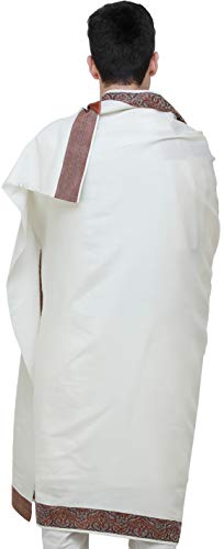 Exotic India Plain Men's Shawl with Brown Woven Border - Pure Wool - color: Ivory