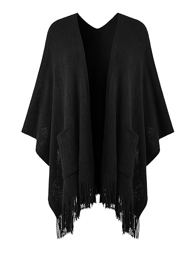 Ferand Shawl Wraps for Women, Cozy Lightweight Poncho Cape with Pockets, Warm for Fall Winter Travel - color: Black