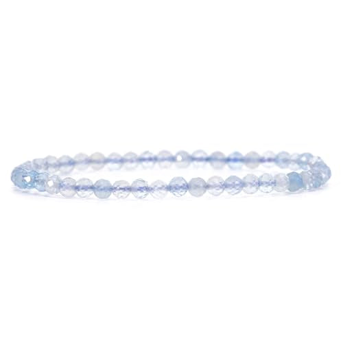 Angelstones Natural Gemstone Small Beaded Stretch Bracelet, 4mm Faceted Round Beads, Crystal Healing Bracelet for Women - color: Aquamarine