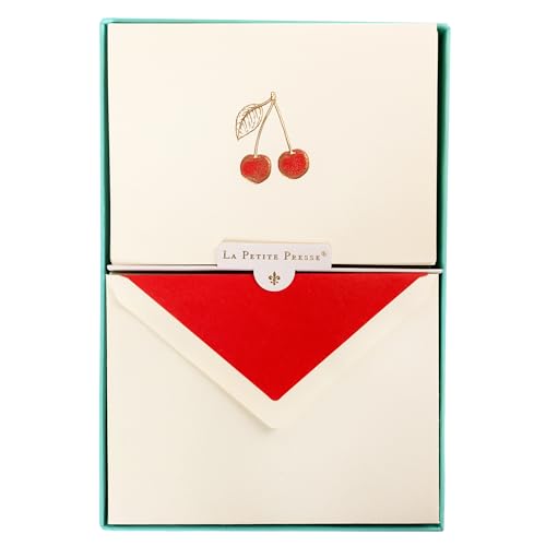 Graphique Cherries Designer Cards Luxe Collection, Gold Foil Embossed Stationery Boxed Set, 10 Blank Cards with 11 Envelopes, All Occasion Greetings, 5.25" x 3.8" - color: Cherries