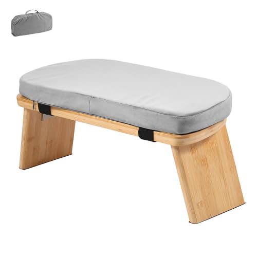 Prayer Bench, Foldable Bamboo Yoga Bench with Cushion and Carry Bag Ergonomic Kneeling Stool for Indoor Outdoor Sitting Thinking(Grey) - color: Grey