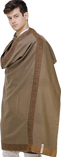 Exotic India Plain Men's Shawl with Brown Woven Border - Pure Wool - color: Otter Brown