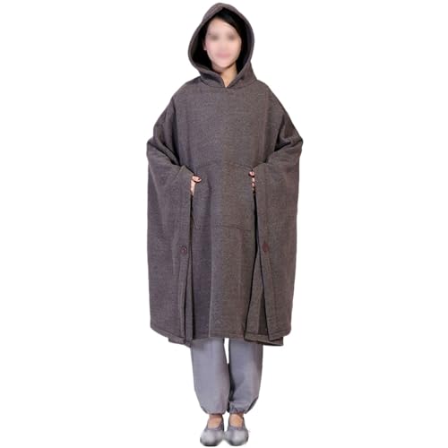 Winter Meditation Robe Buddhist Hooded Cloak Capes Warm Fleece Lined Oversize Coat with Pockets - color: Gray, size: Large