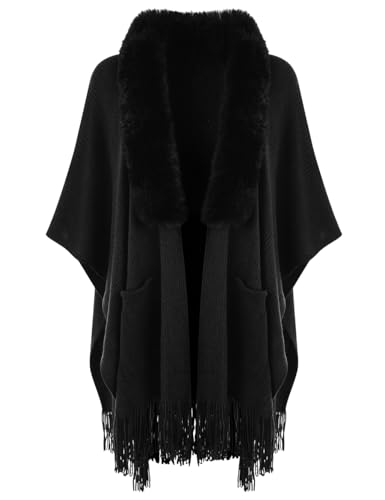 Ferand Shawl Wraps for Women, Cozy Lightweight Poncho Cape with Pockets, Warm for Fall Winter Travel - color: Black With Faux Fur Collar